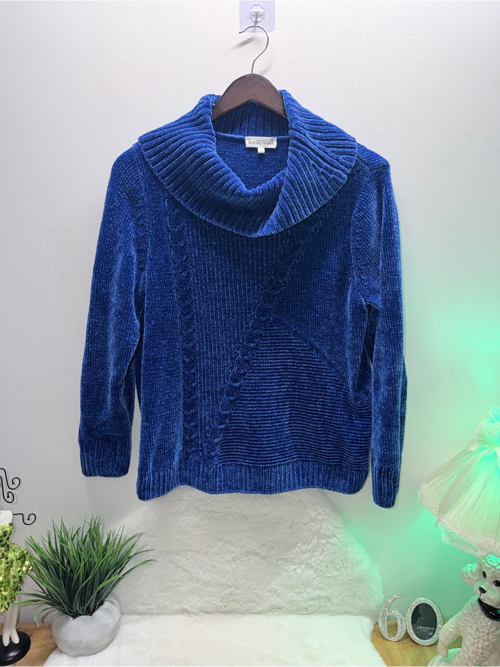 Northern Reflections Royal Blue Chenille Cowl Neck Cabincore Chunky Knit Sweater